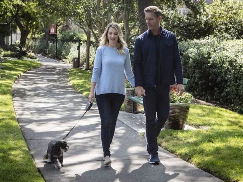 A man and woman walking a dog on a sidewalk